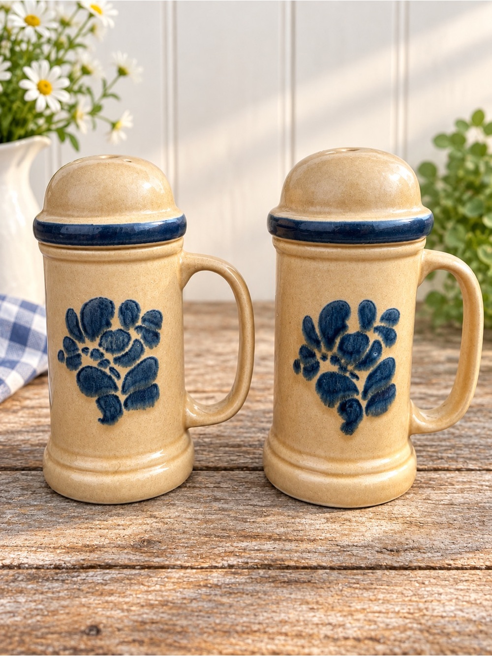 2 Pfaltzgraff Folk Art Blue with Brown stoneware spice shakers